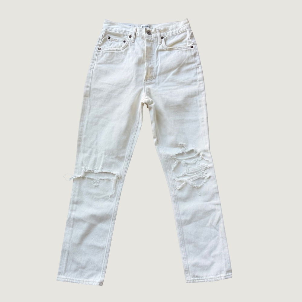 NWT AGOLDE Riley High Rise Straight Crop Jeans Veil White Distressed Size 24